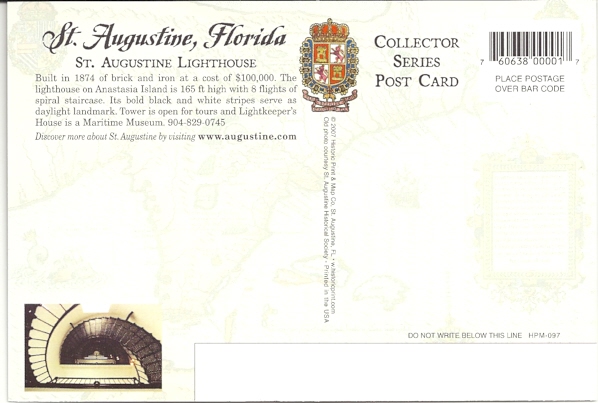 St. Augustine Lighthouse Postcard HPM-097 (FL)