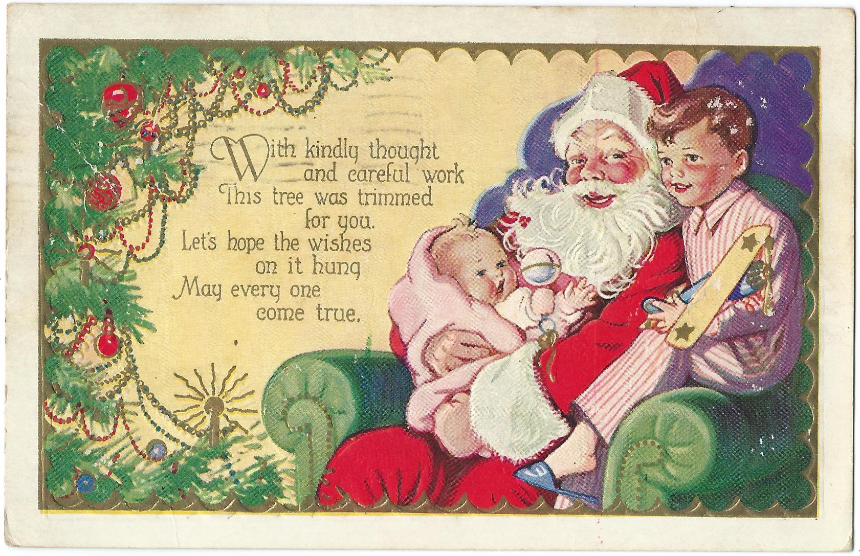 Santa Claus with Children Embossed Postcard Postmarked 1932