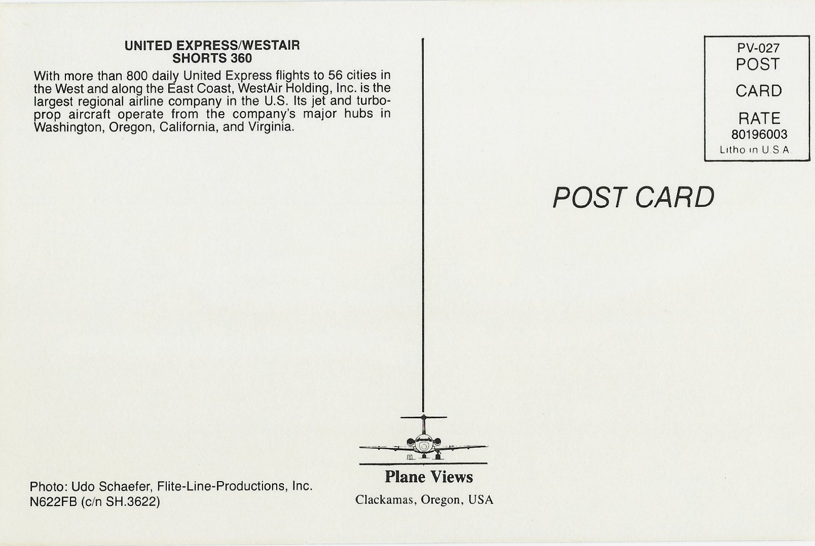 UNITED EXPRESS/WESTAIR Airplane Postcard N622FB