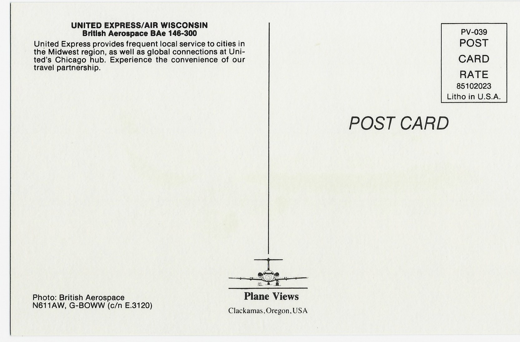 UNTIED EXPRESS/AIR WISCONSIN Airplane Postcard N611AW