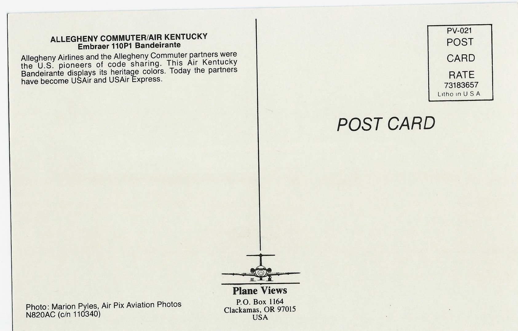 ALLEGHENY COMMUTER/AIR KENTUCKY Airplane Postcard N820AC