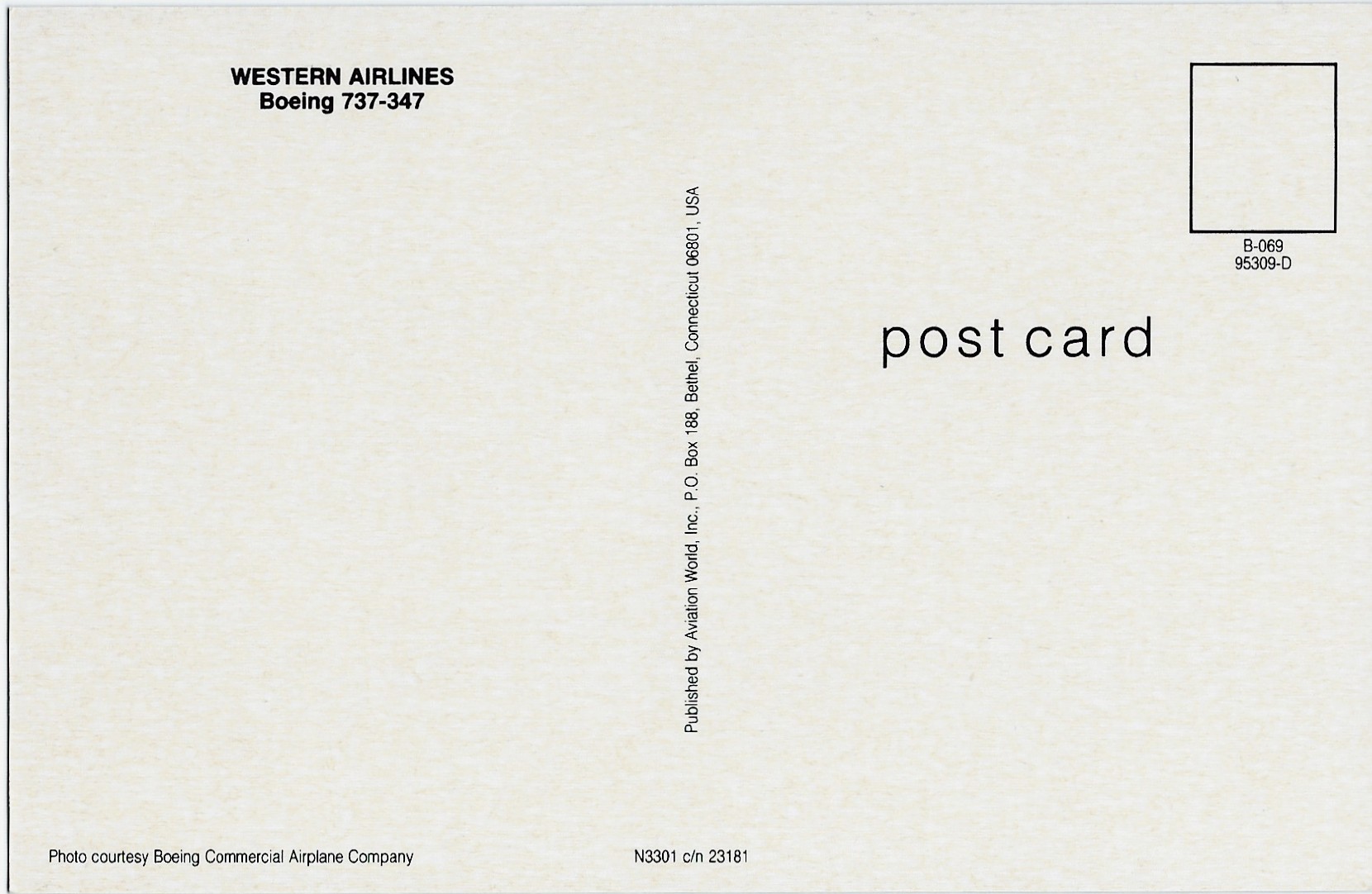 WESTERN AIRLINES Airplane Postcard N3301