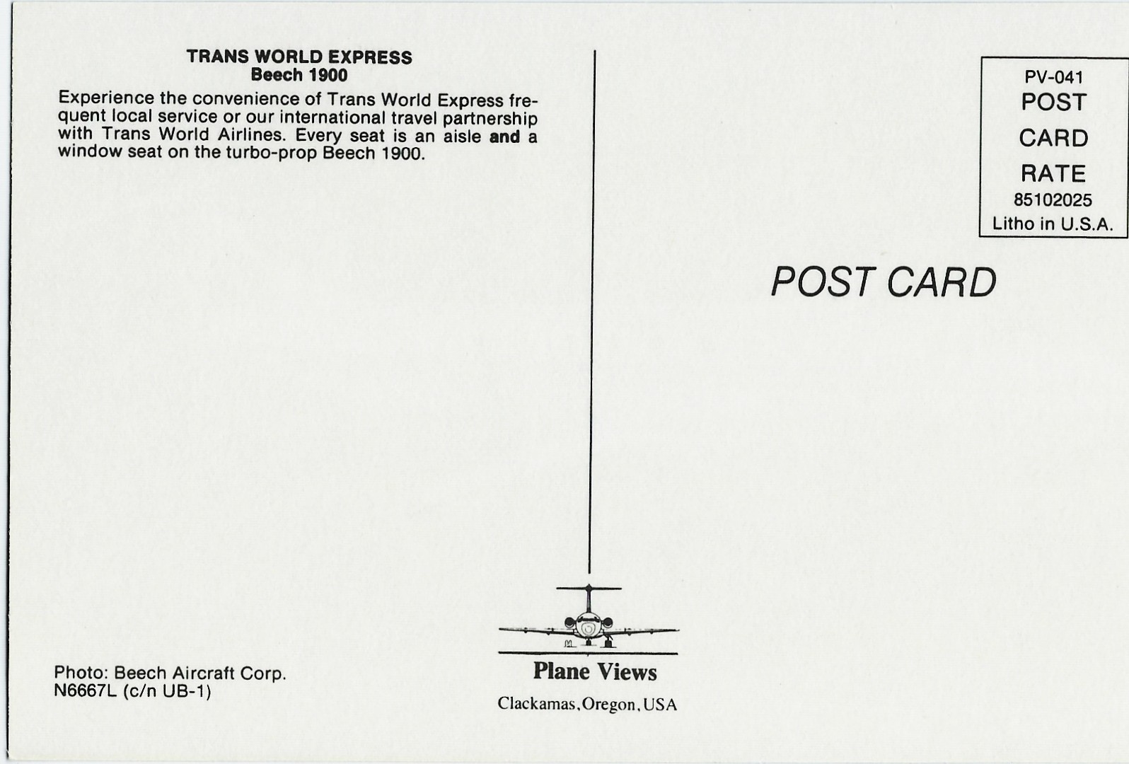 TRANS WORLD EXPRESS Airplane Postcard N6667L