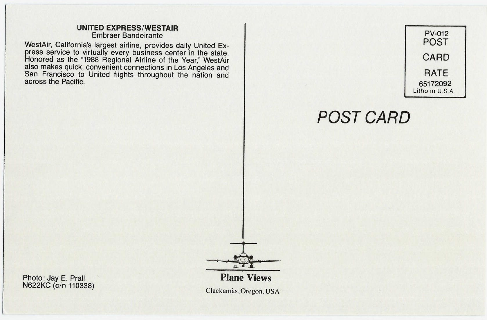 UNITED EXPRESS/WESTAIR Airplane Postcard N622KC