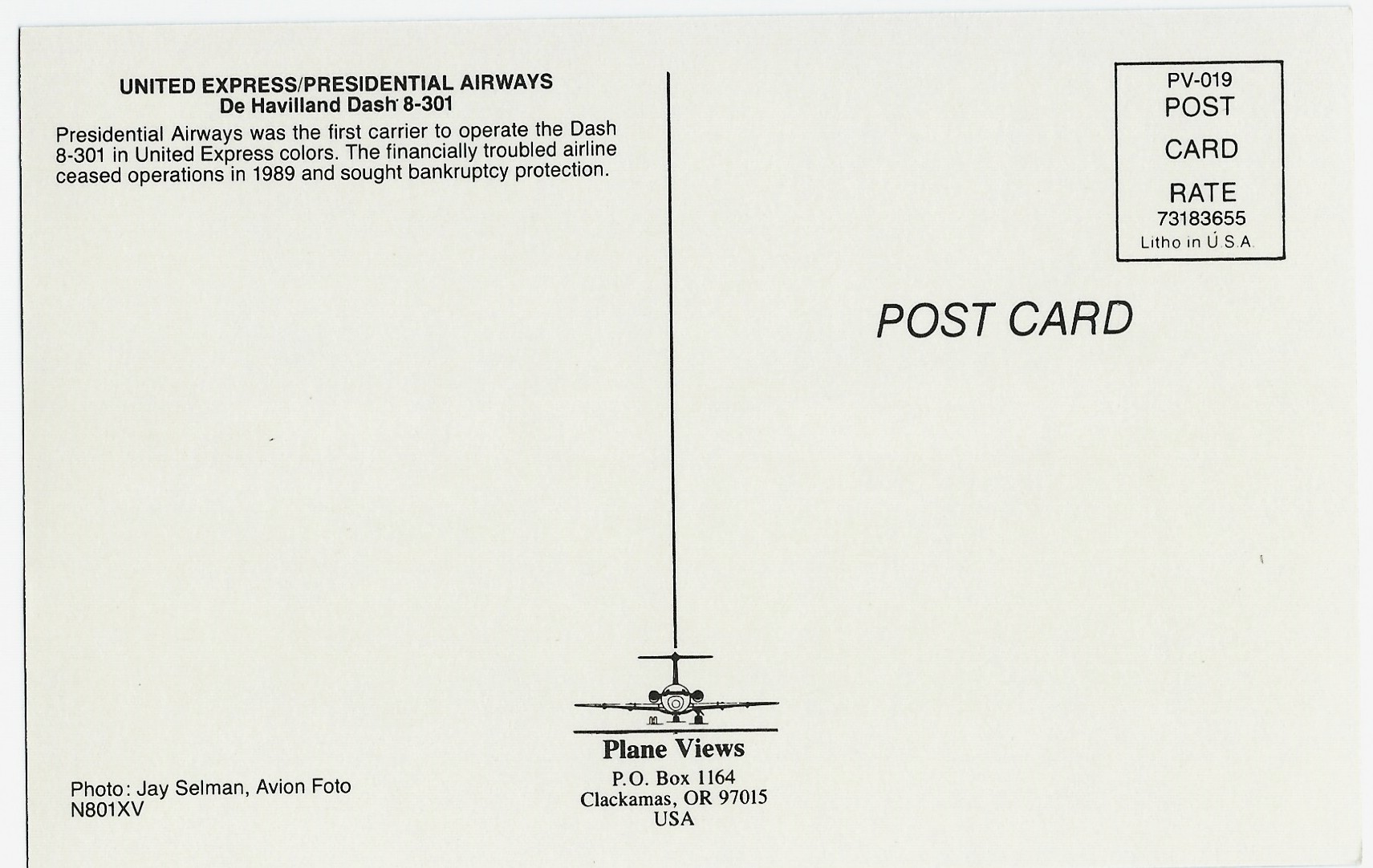 UNITED EXPRESS/PRESIDENTIAL AIRWAYS Airplane Postcard N801XV