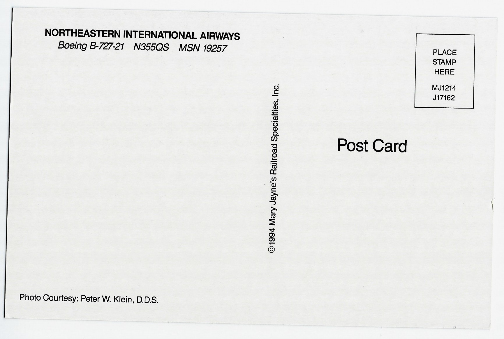 NORTHEASTERN INTERNATIONAL AIRWAYS Airplane Postcard J17162
