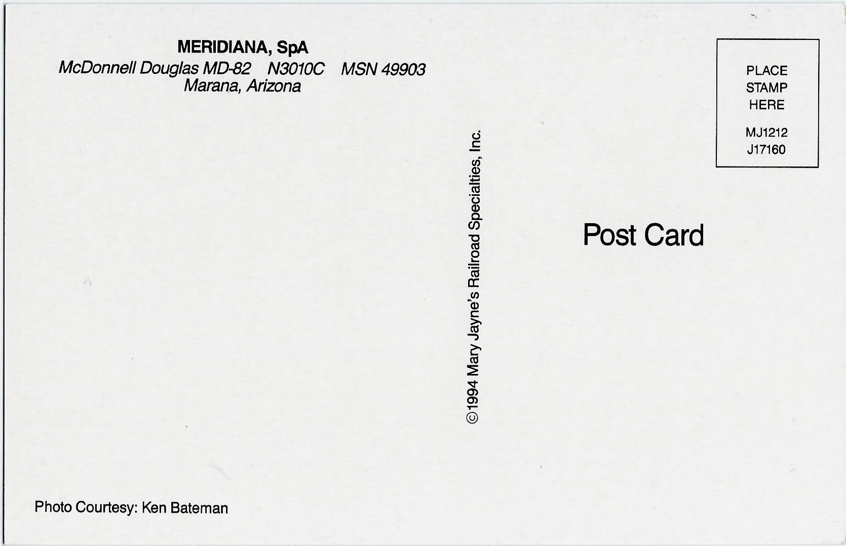 MERIDIANA, SpA Airplane Postcard J17160