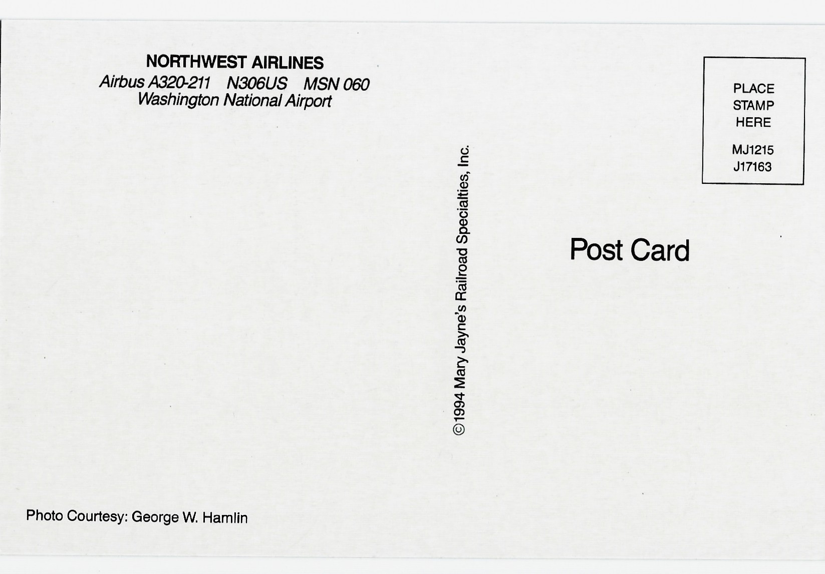 NORTHWEST AIRLINES Airplane Postcard J17163