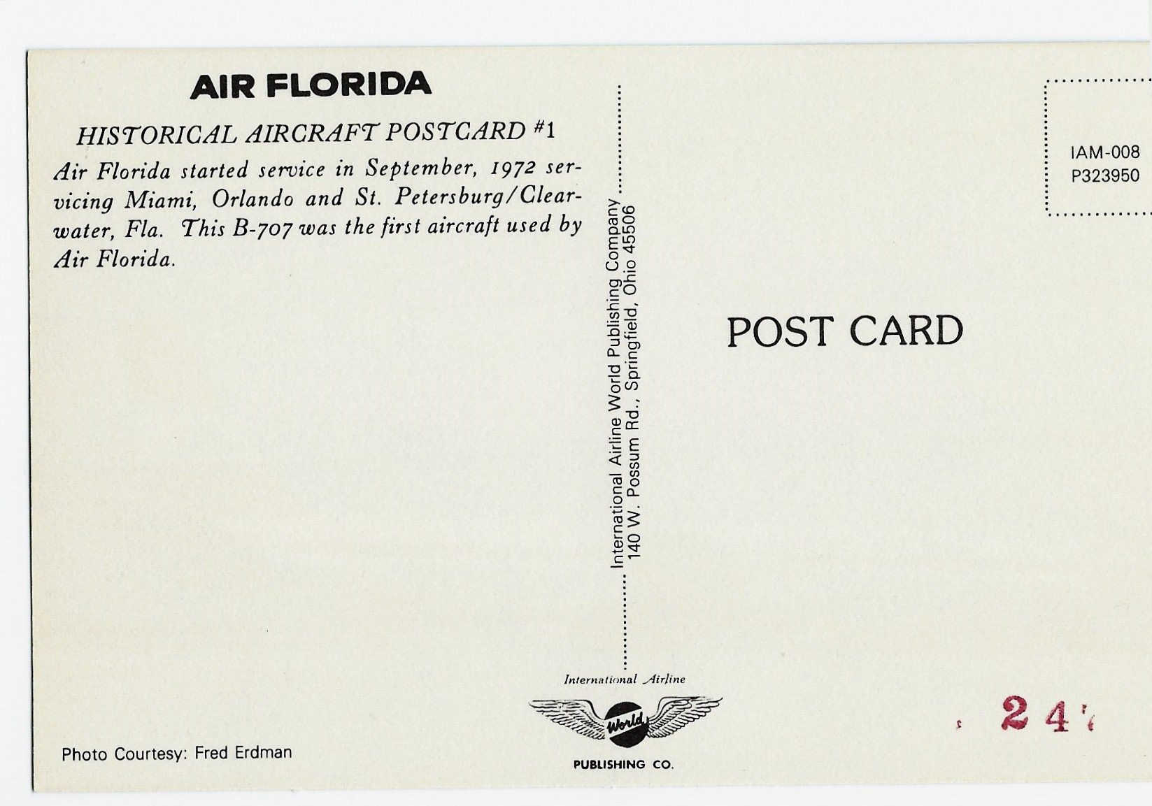 AIR FLORIDA Airplane Postcard P323950