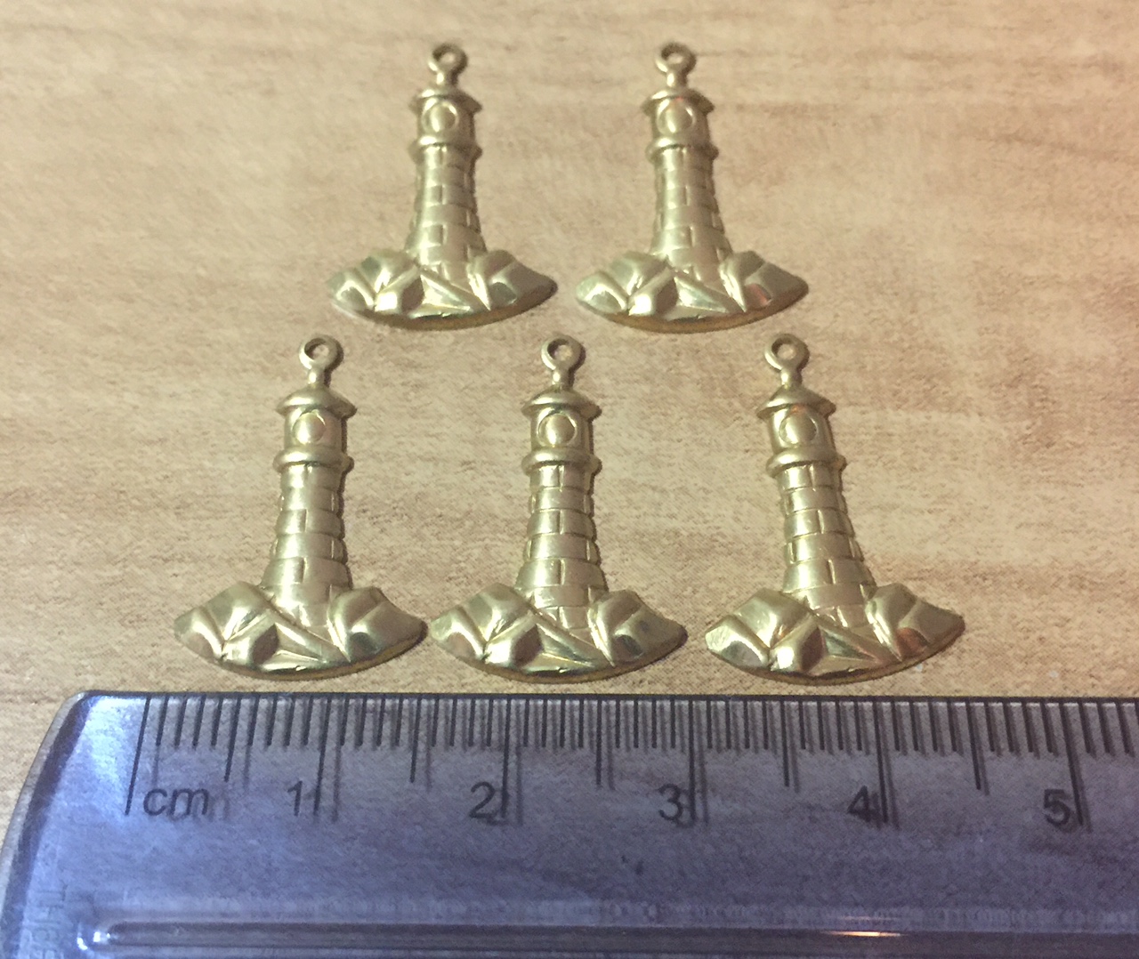 Brass Lighthouse Charms, Set of 5 - Click Image to Close