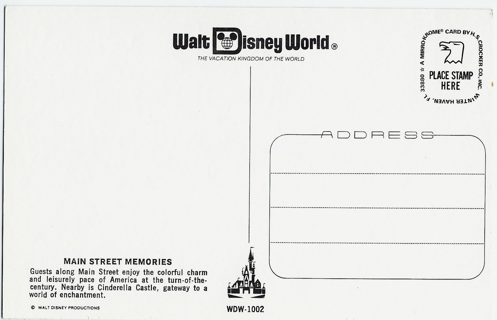 WALT DISNEY WORLD MAIN STREET MEMORIES POSTCARD WDW-1002 - Click Image to Close