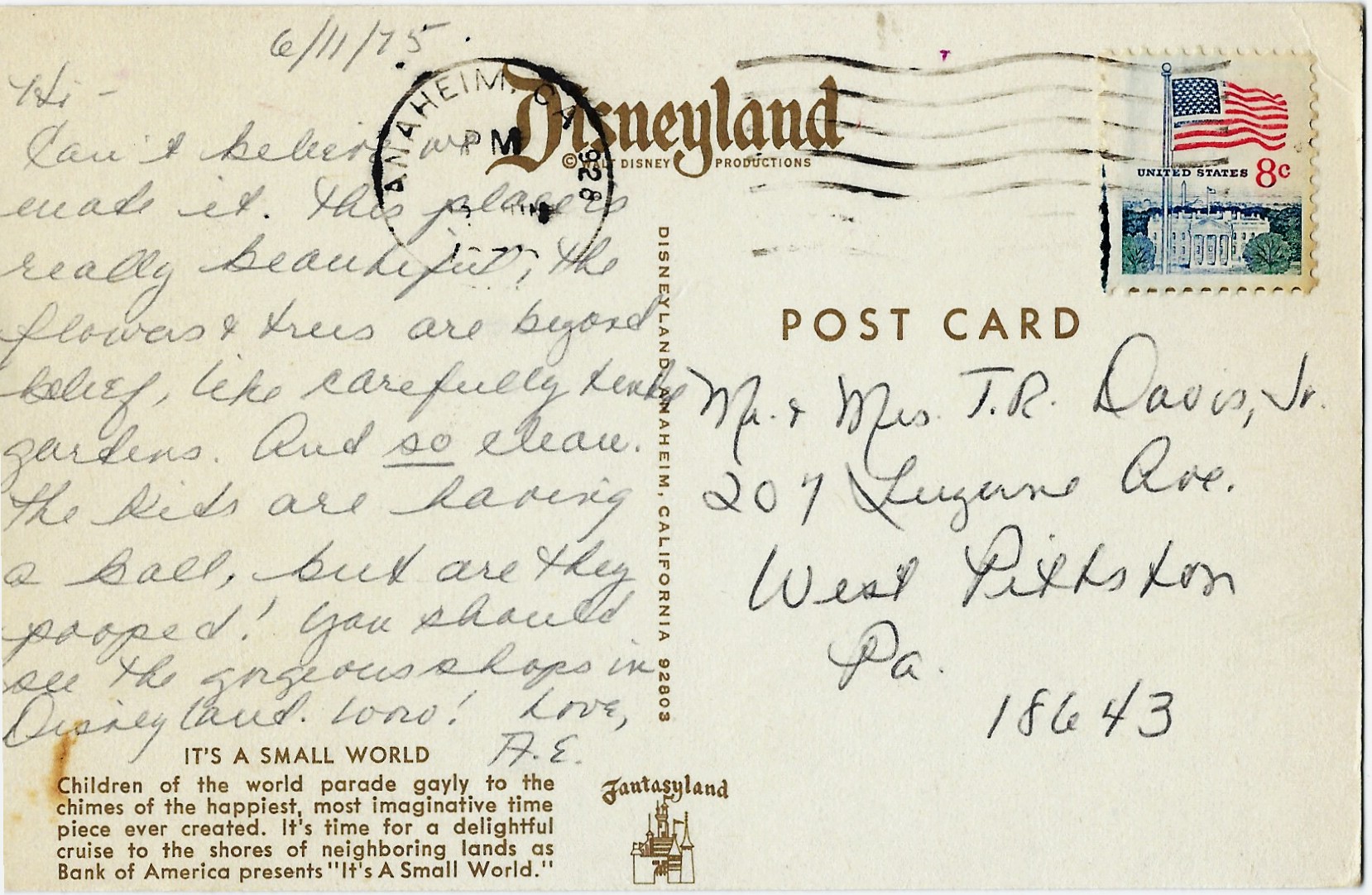It's A Small World Disneyland Postcard Mailed 1975