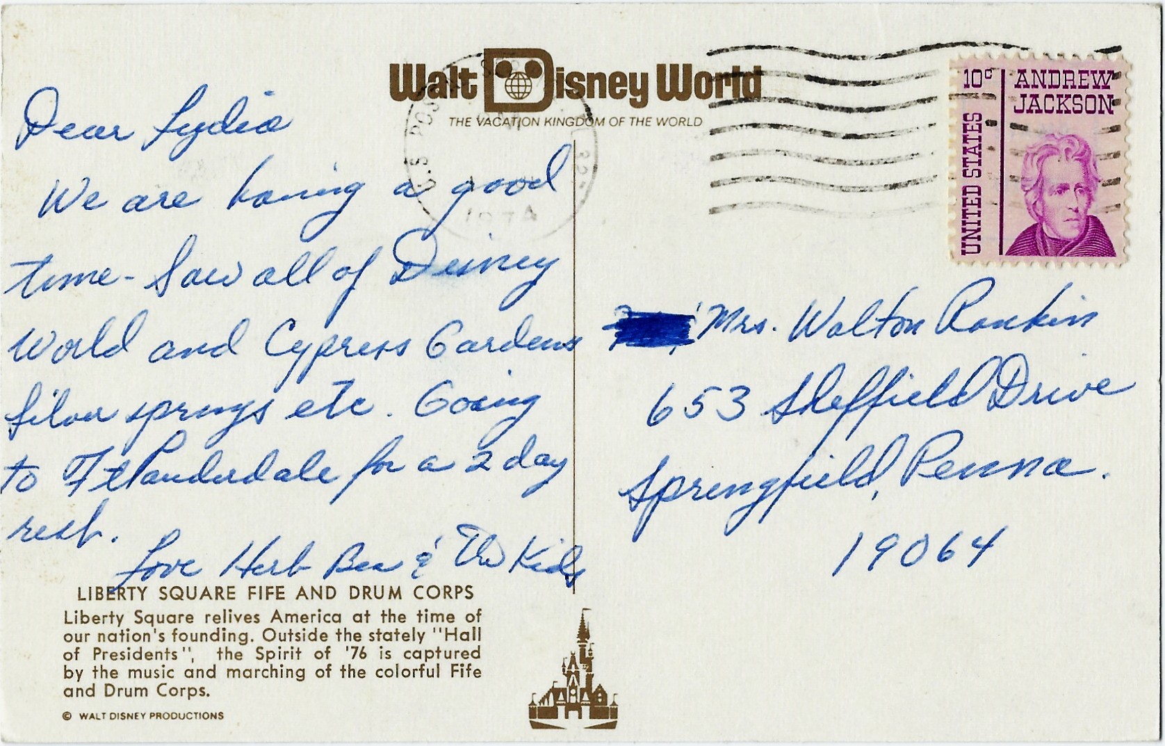 Liberty Square Fife and Drum Corps Walt Disney World Postcard - Click Image to Close