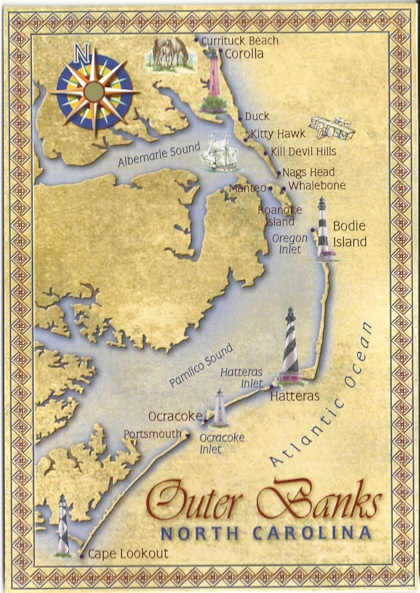 Outer Banks North Carolina Lighthouses Map Postcard (NC)