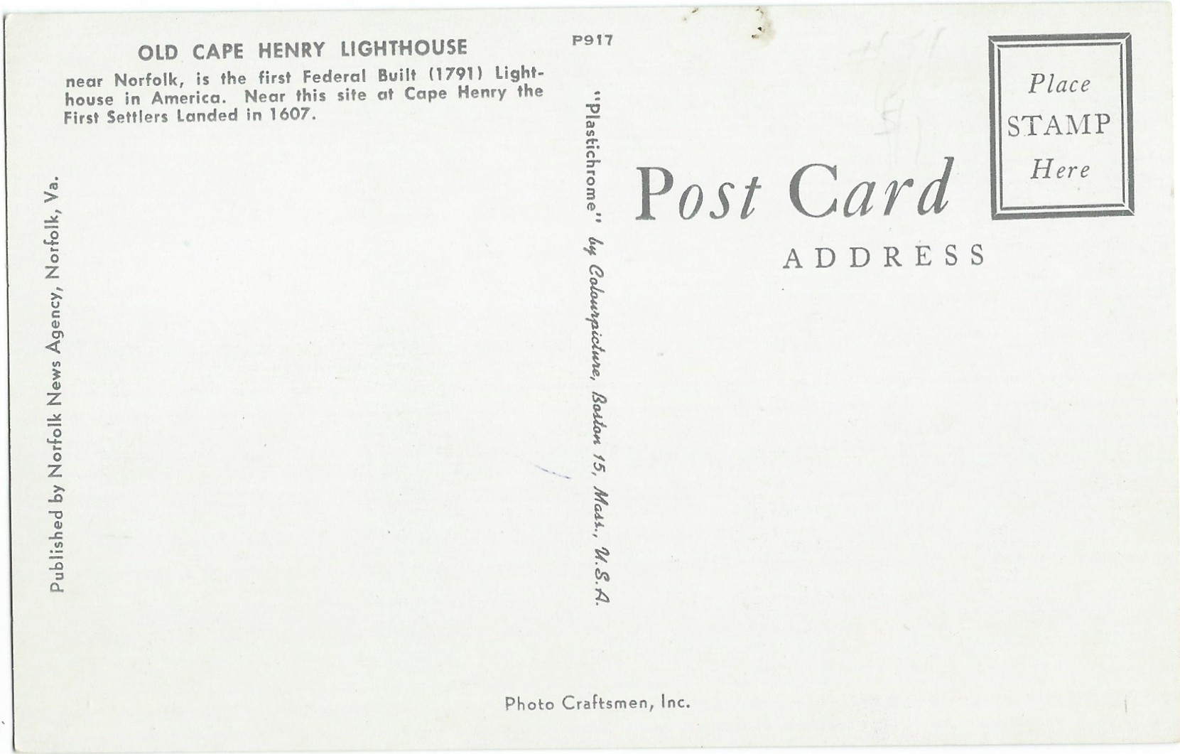 Old Cape Henry Lighthouse Postcard P917 (V A)