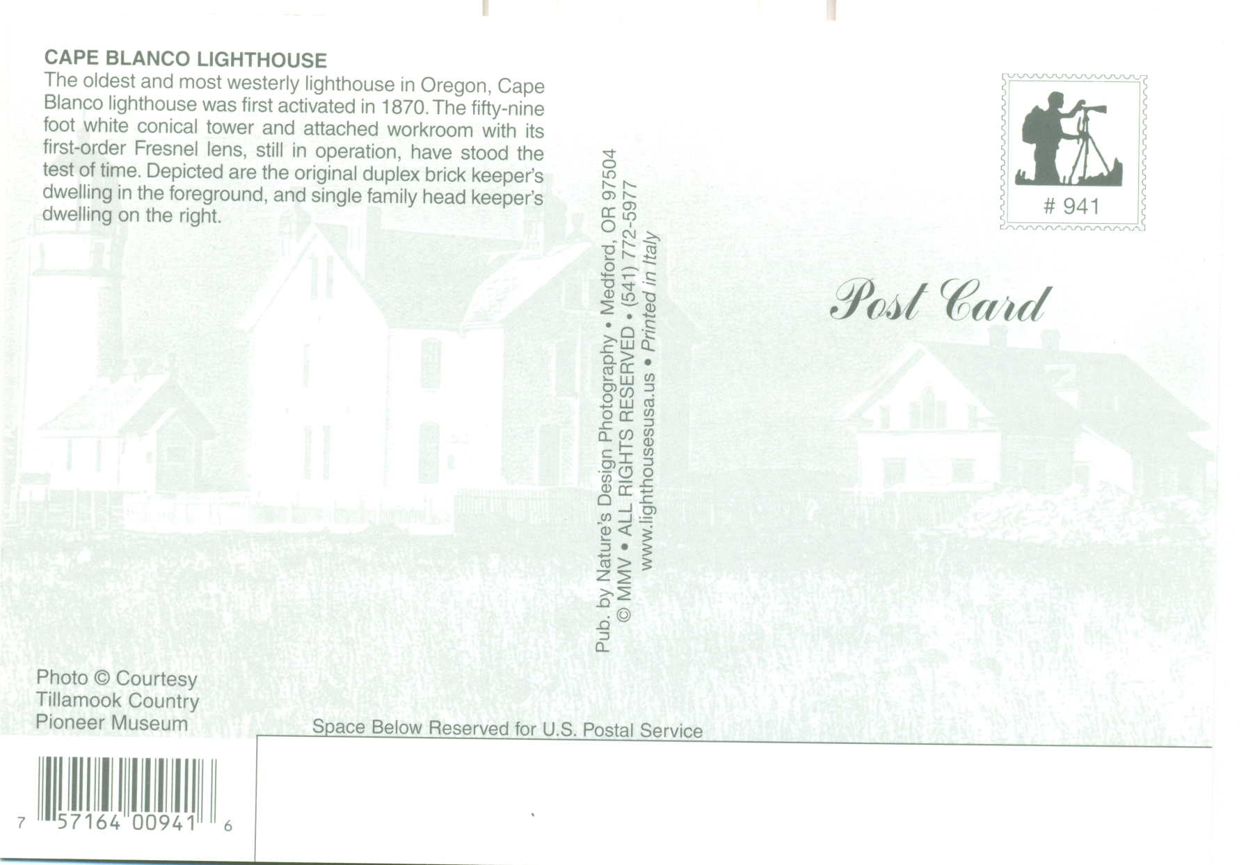 Cape Blanco Lighthouse Postcard #941 (OR) - Click Image to Close