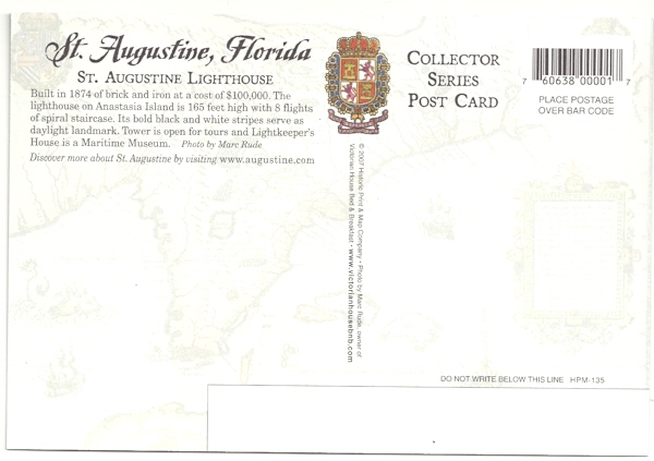 St. Augustine Lighthouse Postcard HPM-135 (FL)