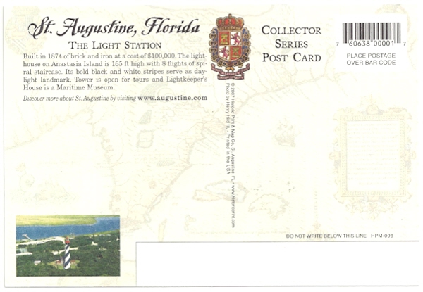 St. Augustine Lighthouse Postcard HPM-006 (FL)