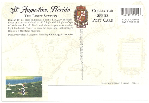 St. Augustine Lighthouse Postcard HPM-006 (FL) - Click Image to Close