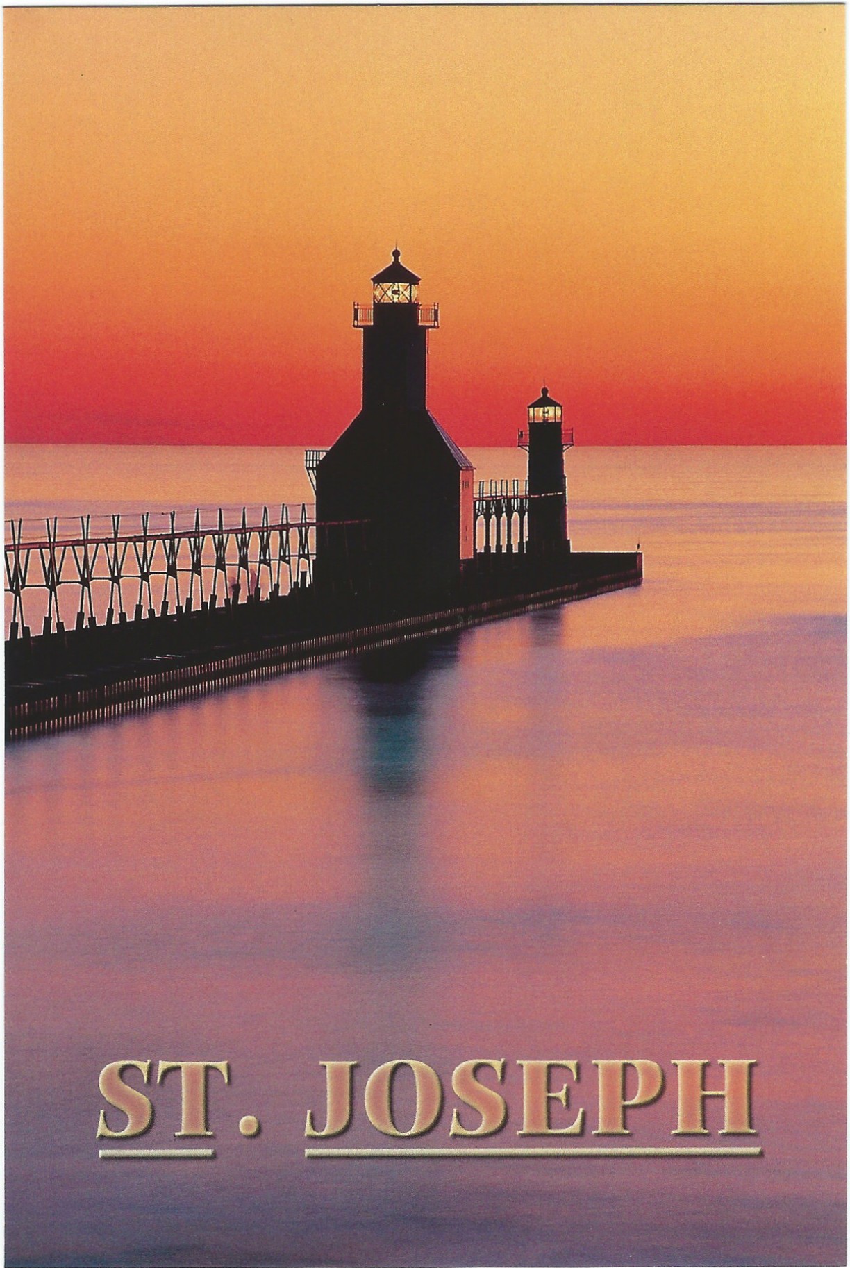 St. Joseph North Pier Inner and Outer Pier Light Sunset Postcard - Click Image to Close