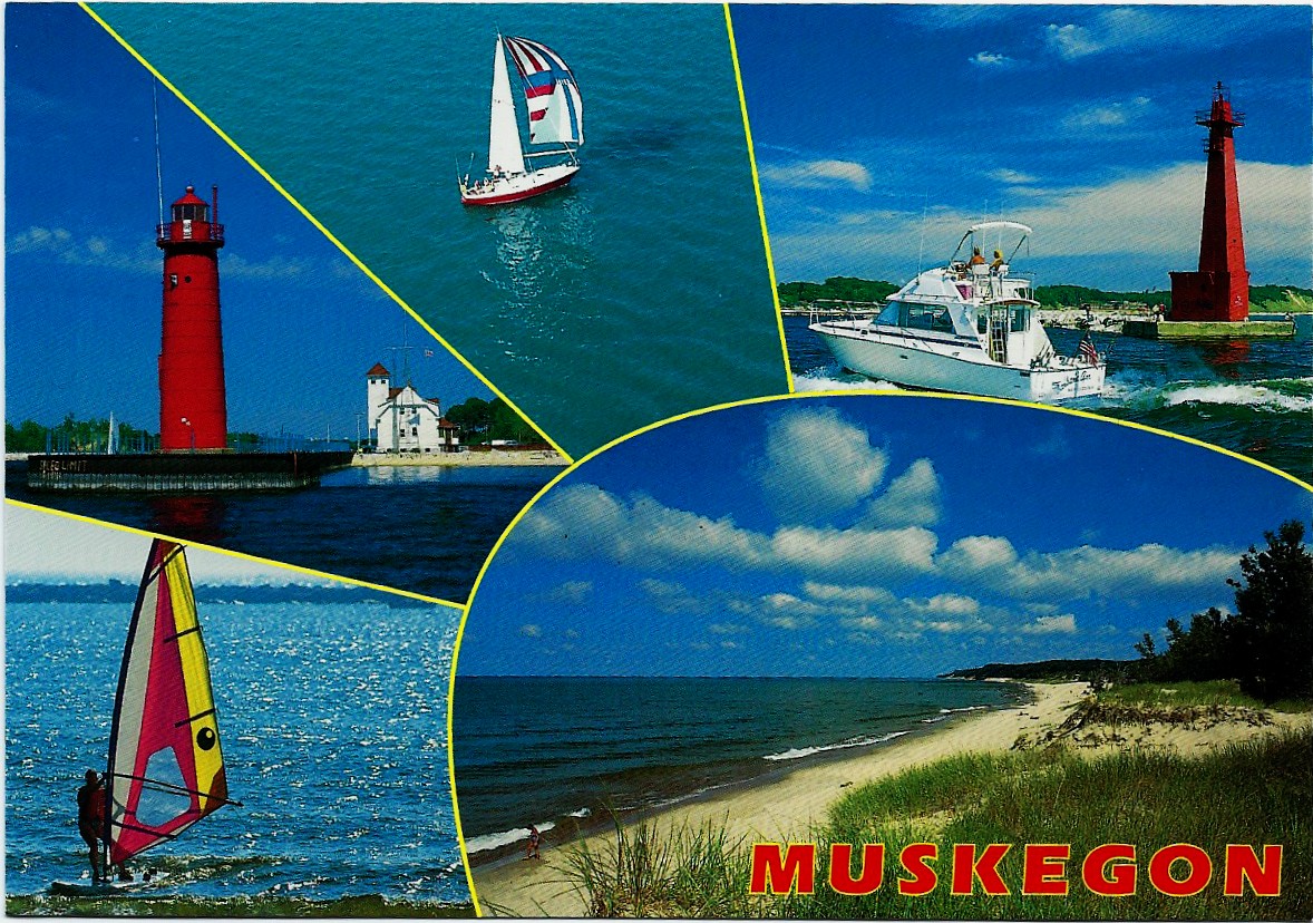 Muskegon Multi-view Boats and Lighthouses Postcard 4403 - Click Image to Close