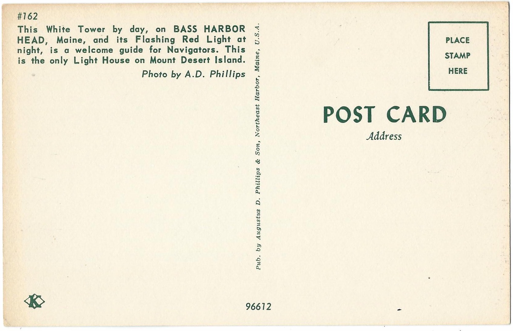 Bass Harbor Head Lighthouse, Maine Postcard #162 (ME)