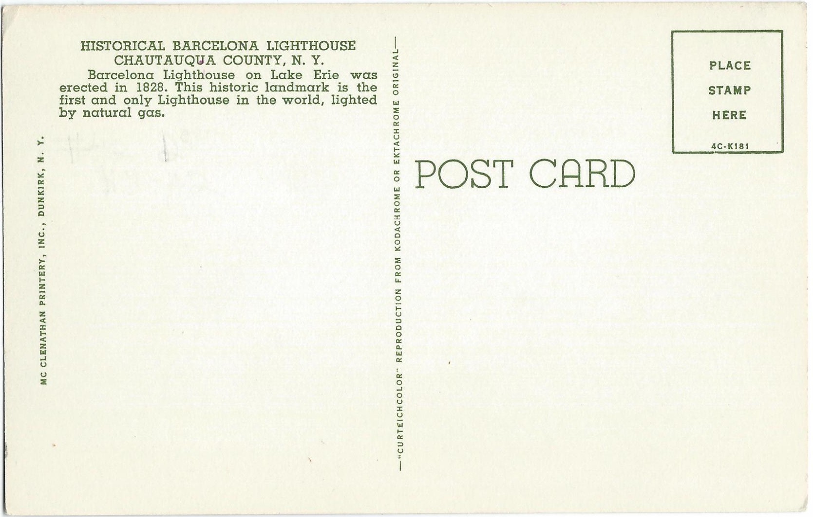 BARCELONA LIGHTHOUSE CHAUTAUQUA COUNTY NY POSTCARD 4C-K181