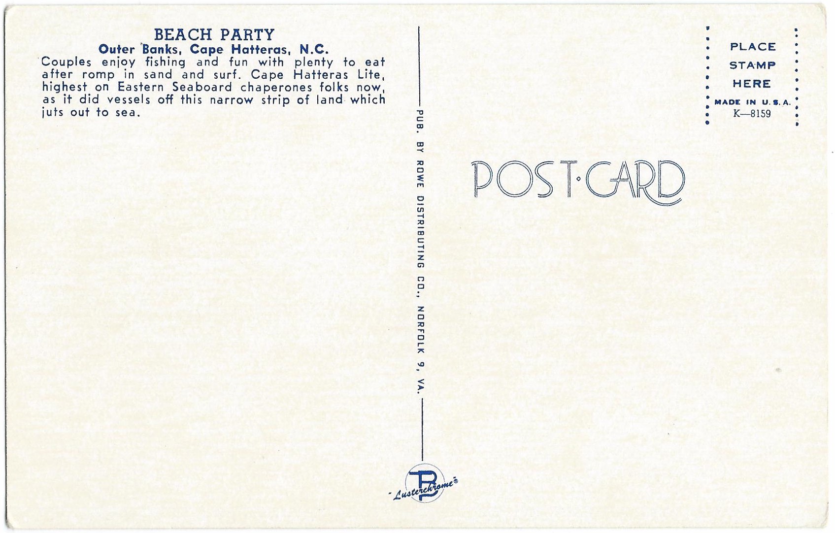 CAPE HATTERAS LIGHTHOUSE BEACH PARTY VINTAGE POSTCARD K-8159