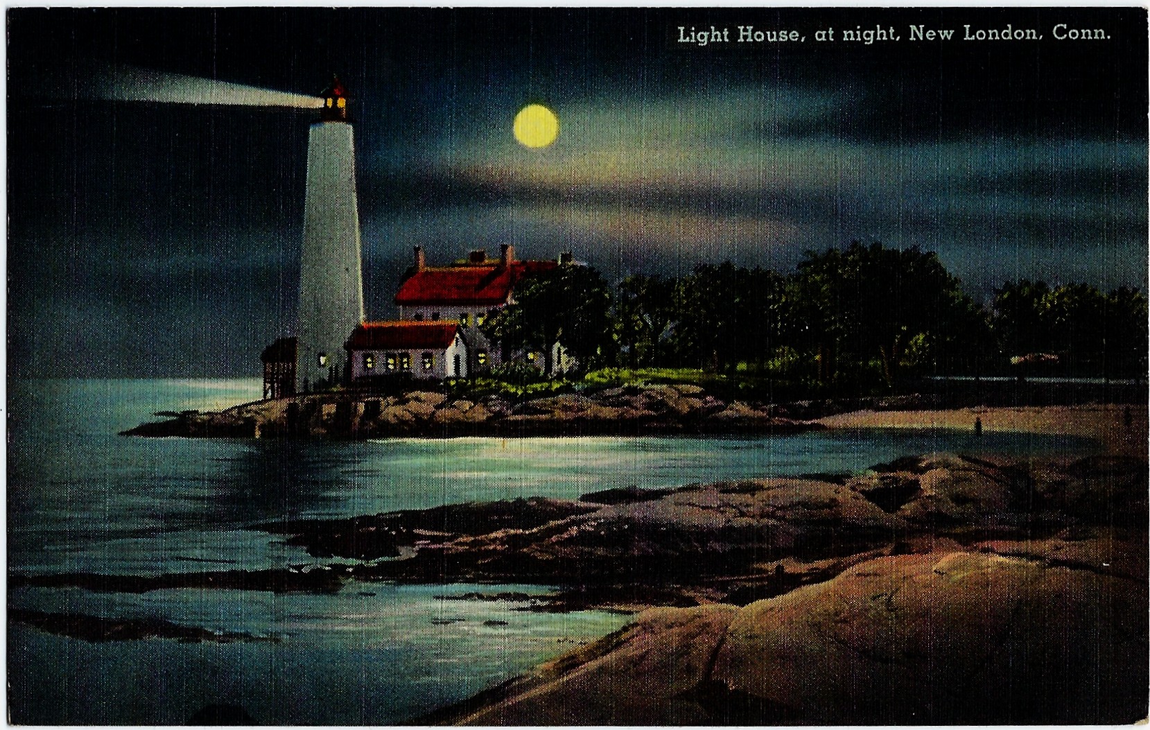 New London Light House at Night with Full Moon (CT) 66452