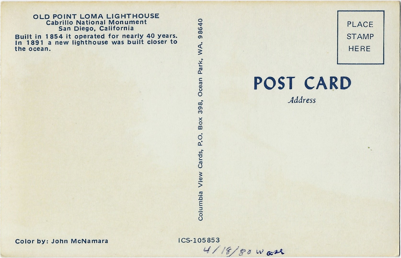 Old Point Loma Lighthouse Postcard ICS-105853 - Click Image to Close