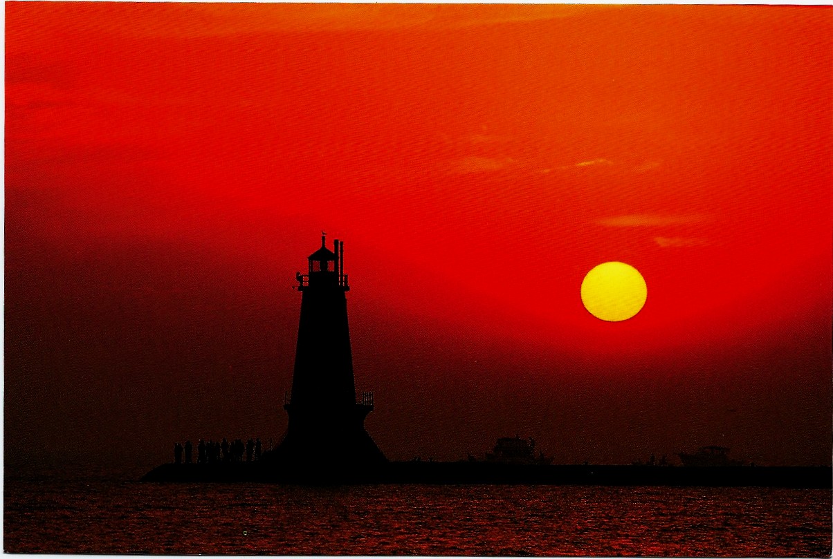 Ludington North Pier Lighthouse at Sunset Postcard (MI) 4717