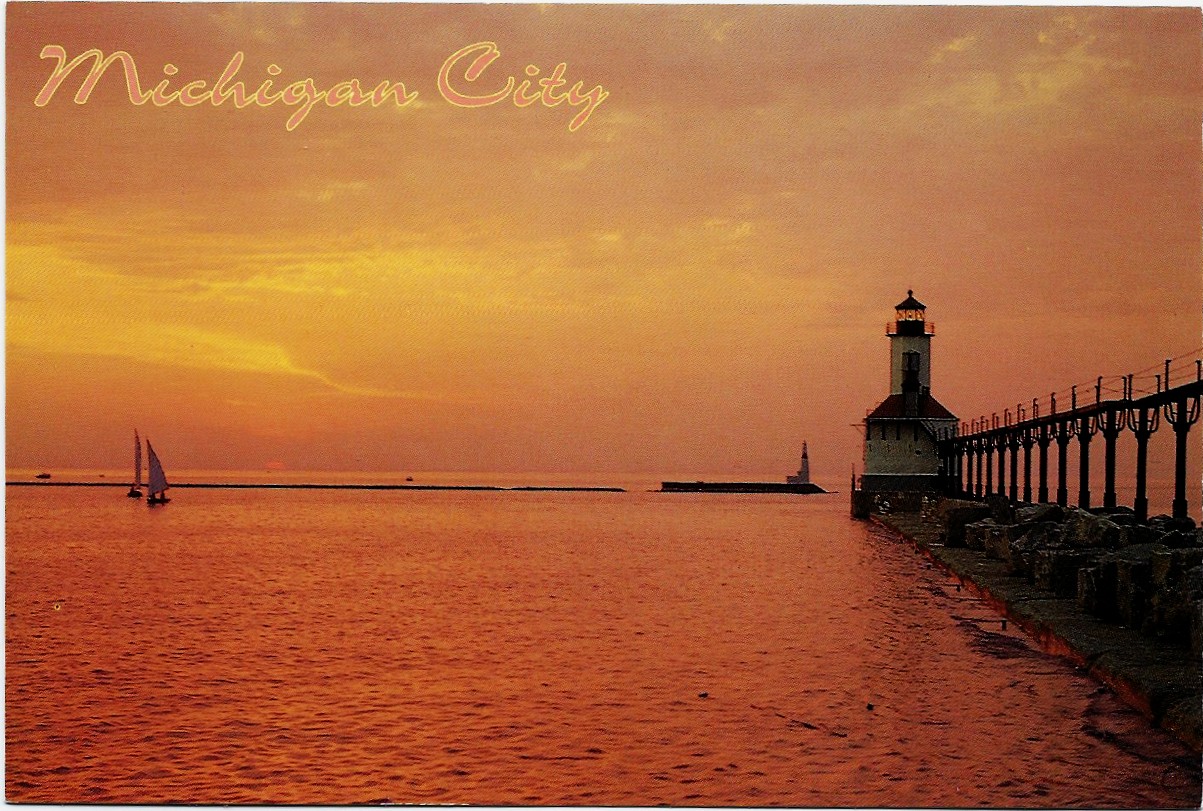 Michigan City East Breakwater Light Sails in the Sunset Postcard