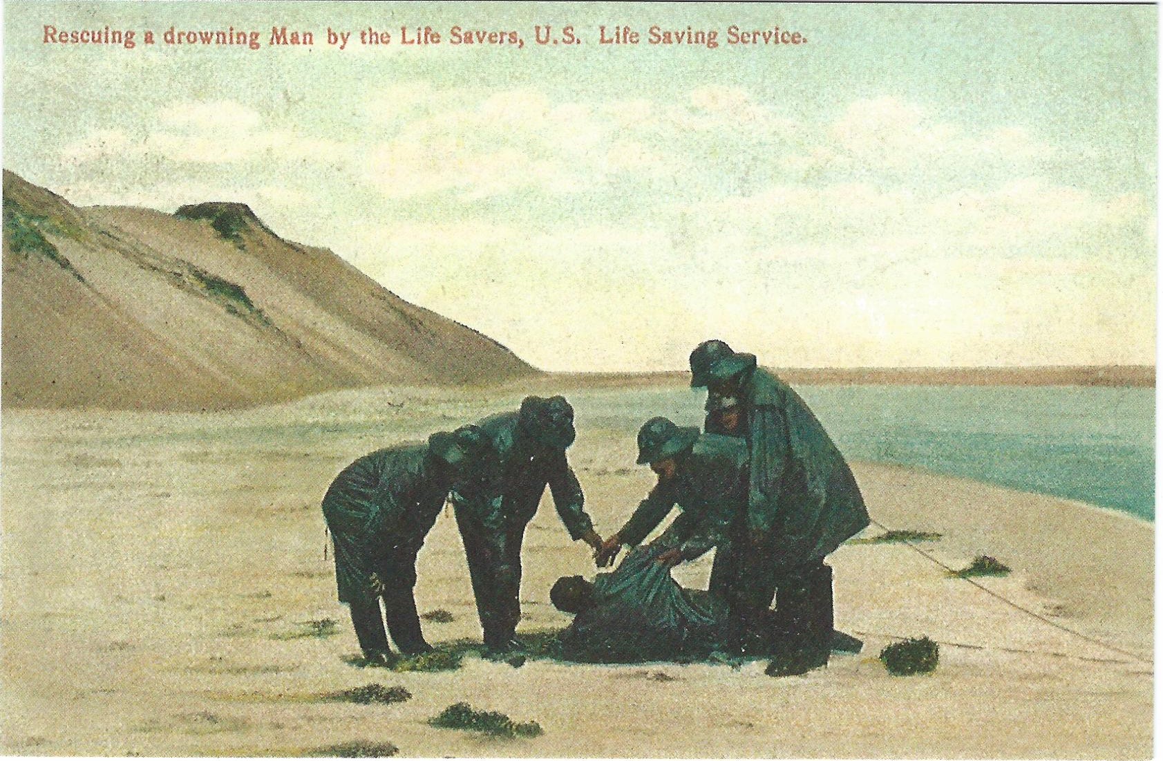 US Life Saving Service: Rescuing a Drowning Man Postcard - Click Image to Close