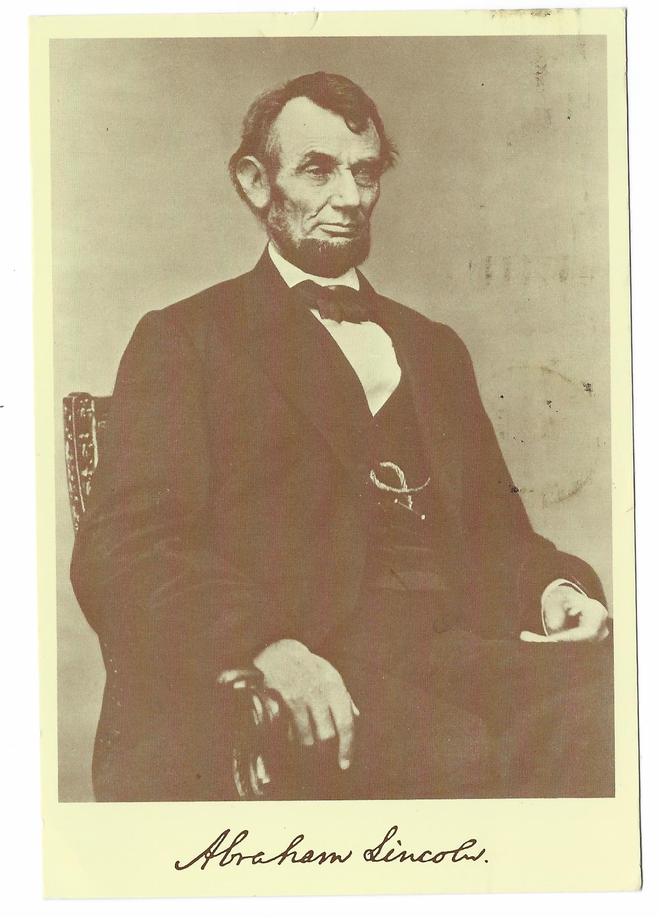 ABRAHAM LINCOLN POSTCARD POSTMARKED 26 APR 1974 - Click Image to Close