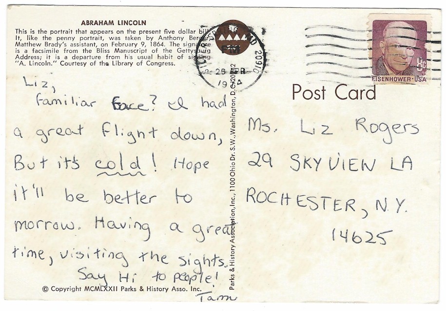 ABRAHAM LINCOLN POSTCARD POSTMARKED 26 APR 1974