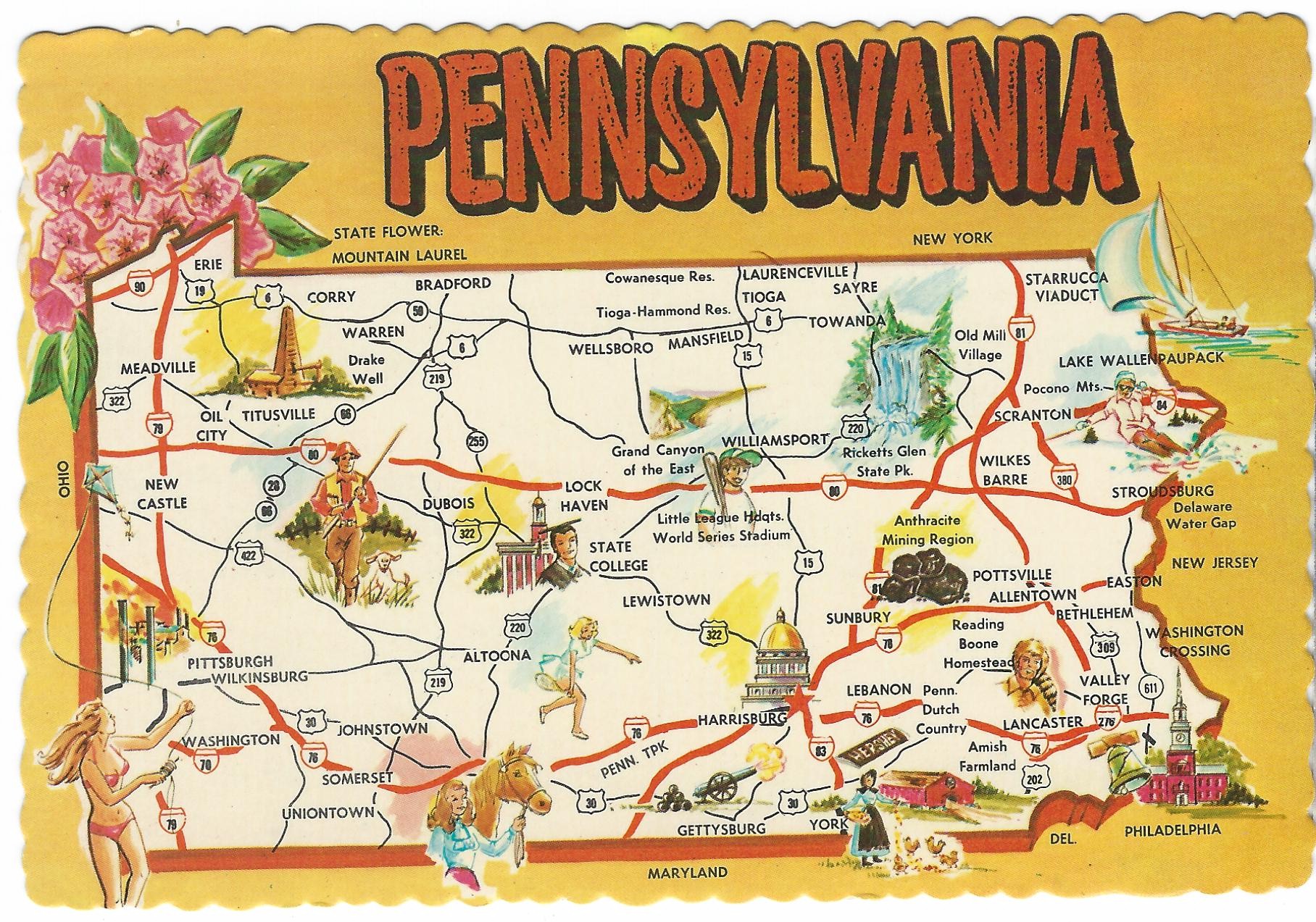 VINTAGE PENNSYLVANIA MAP POSTCARD DT-60613-D SCALLOPED EDGE (PA)