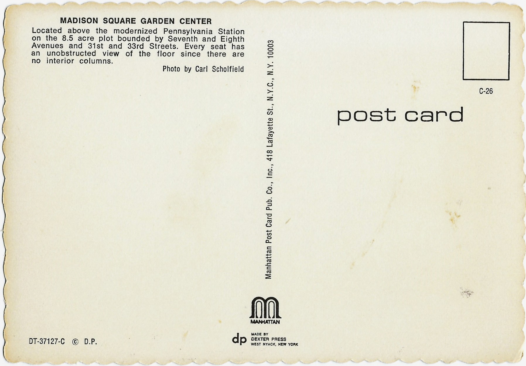 Madison Square Garden Postcard DT-37127-C & C-26