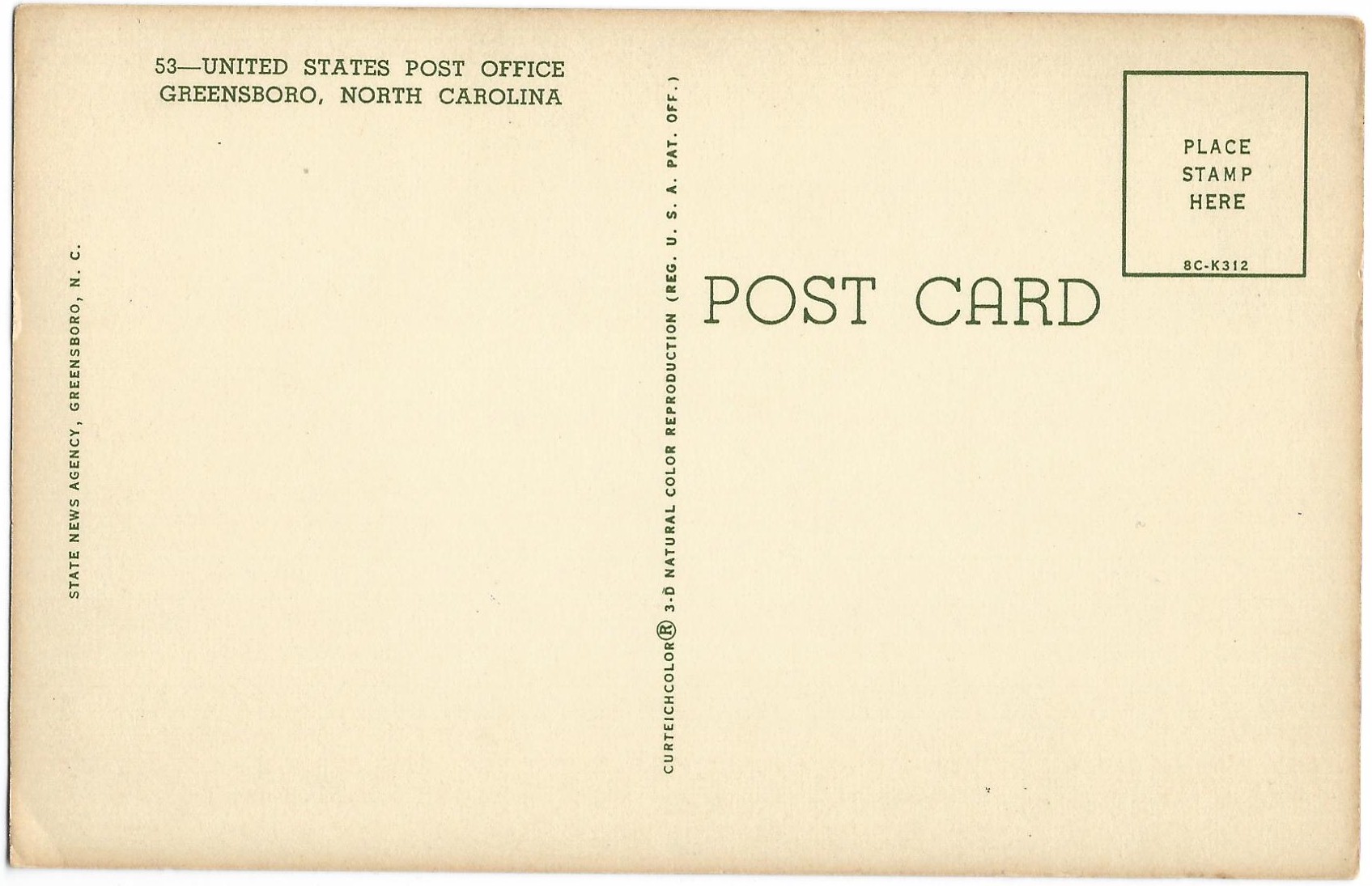 Post Office Greensboro, North Carolina Postcard 53 8C-K312 (NC) - Click Image to Close