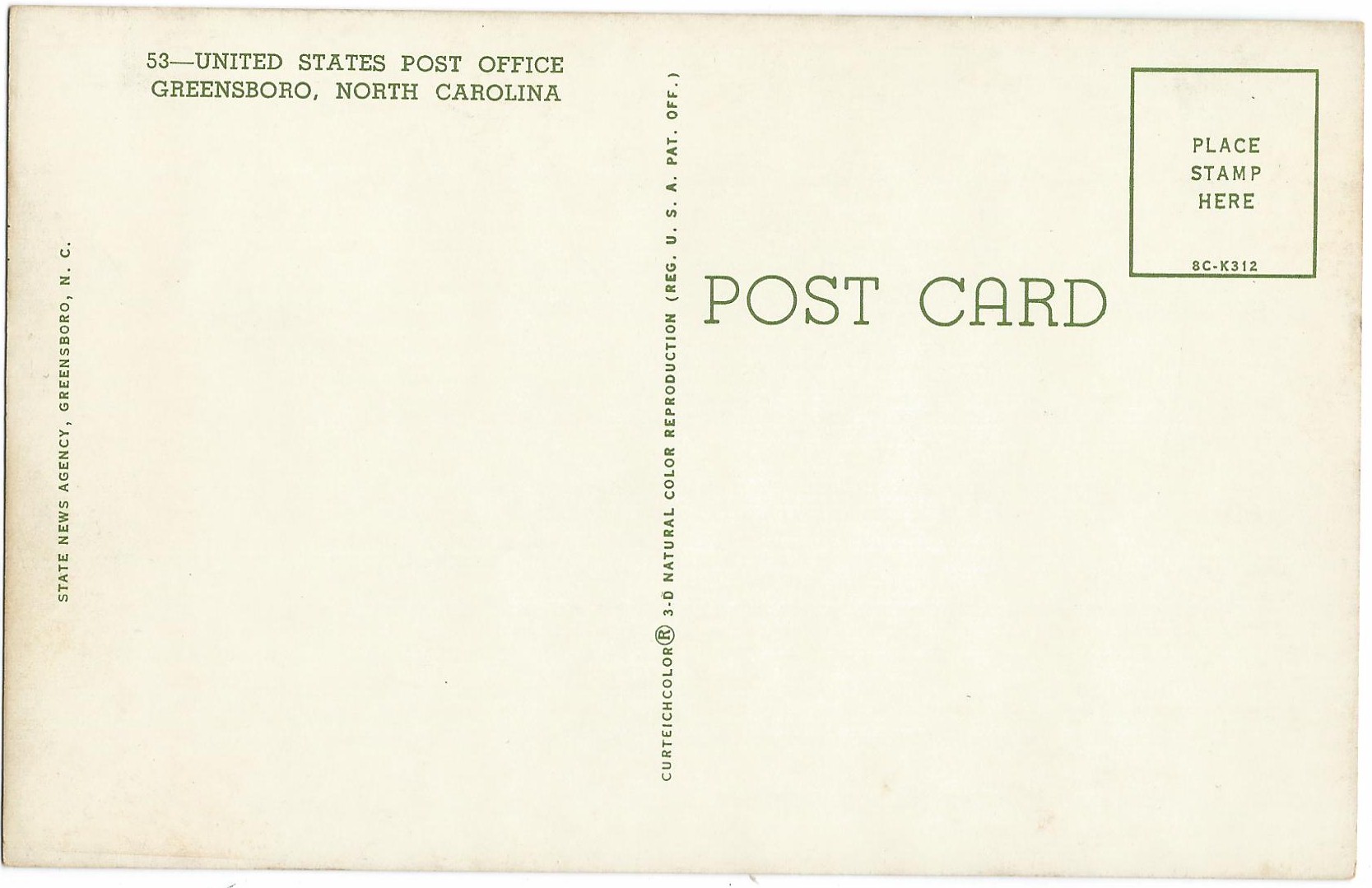 Post Office Greensboro, North Carolina Postcard 53 8C-K312 (NC) - Click Image to Close