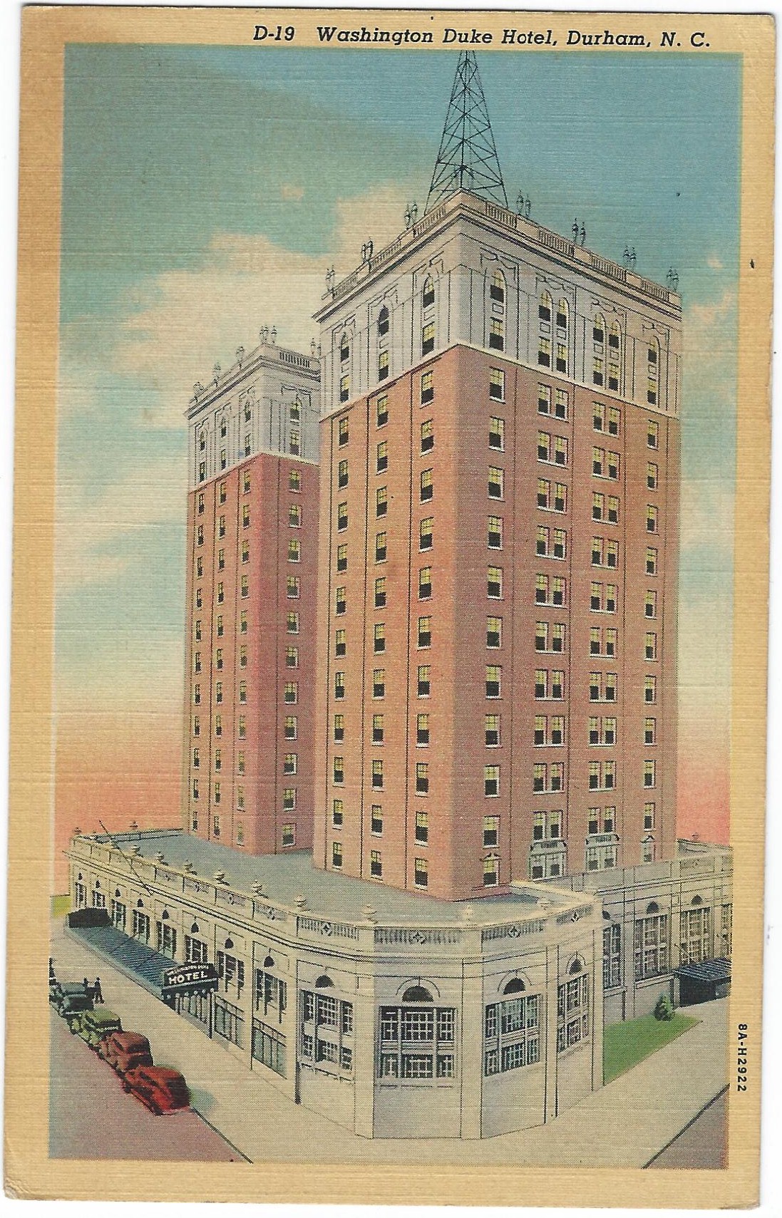 Washington Duke Hotel Durham NC D-19 SOLDIER MAIL 8A-H2922 - Click Image to Close