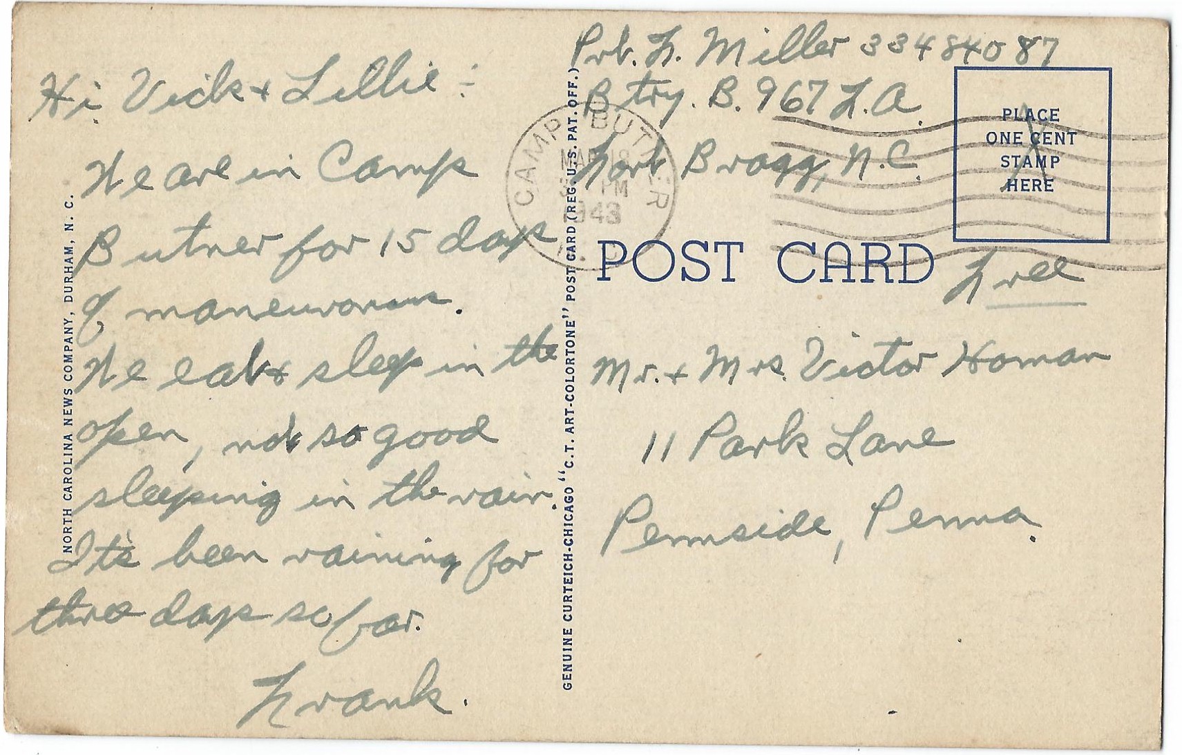 Washington Duke Hotel Durham NC D-19 SOLDIER MAIL 8A-H2922