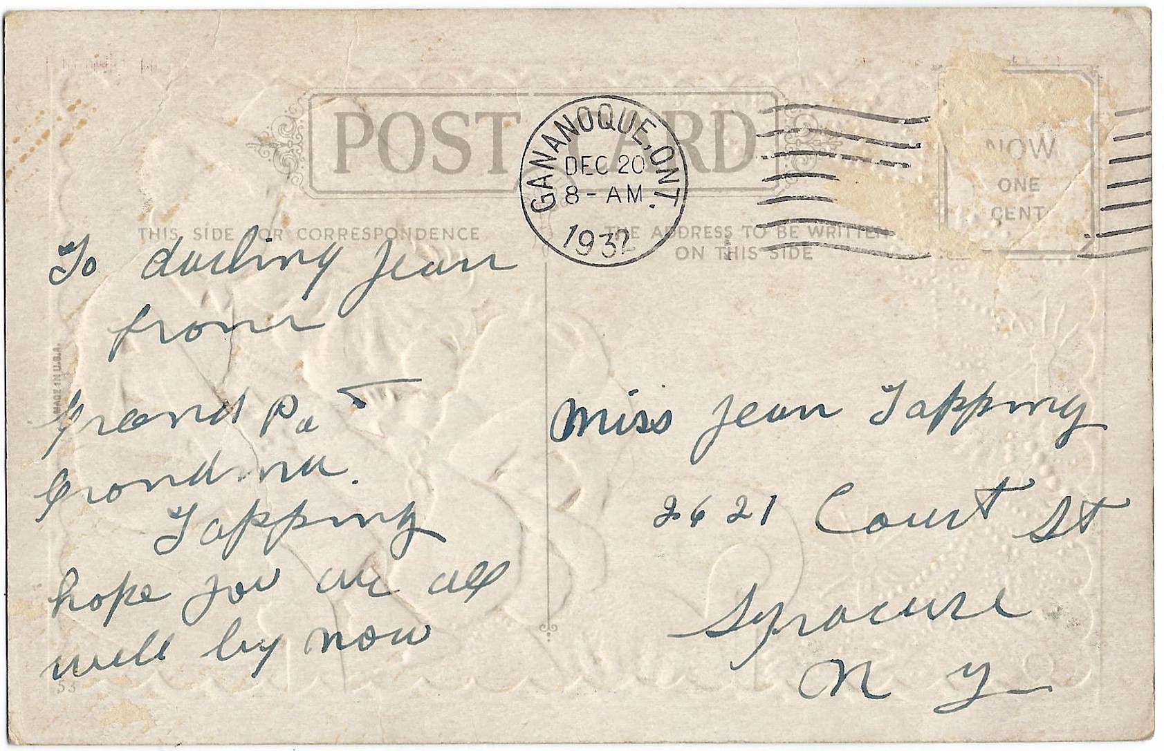 Santa Claus with Children Embossed Postcard Postmarked 1932