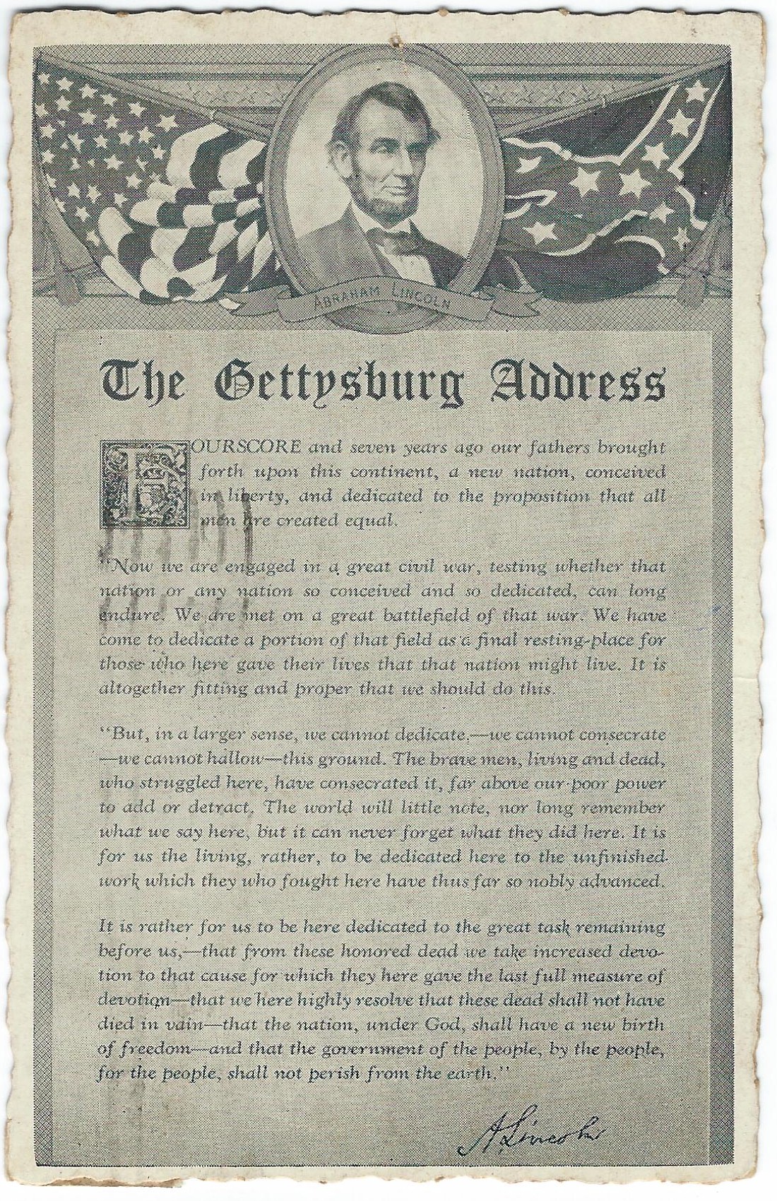 The Gettysburg Address Postcard Abraham Lincoln Postmarked 1941 The Gettysburg Address Postcard Abraham Lincoln Postmarked 1941