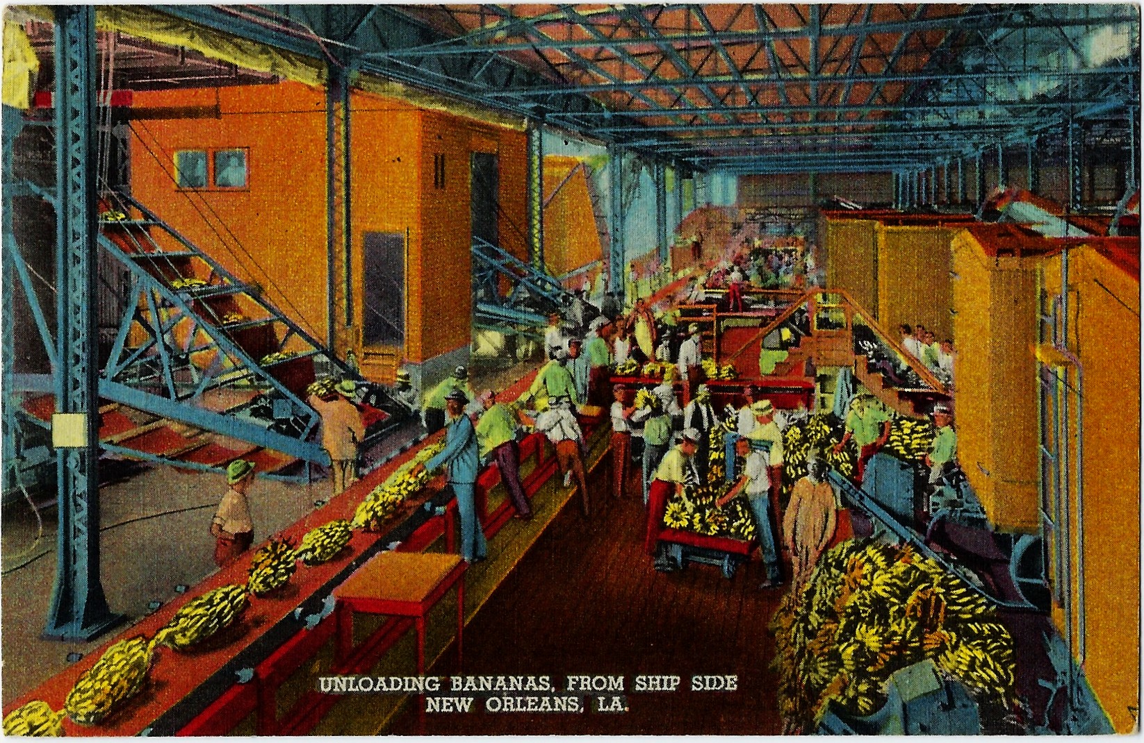 Unloading Bananas from Ship Side New Orleans LA Postcard 7A-H312
