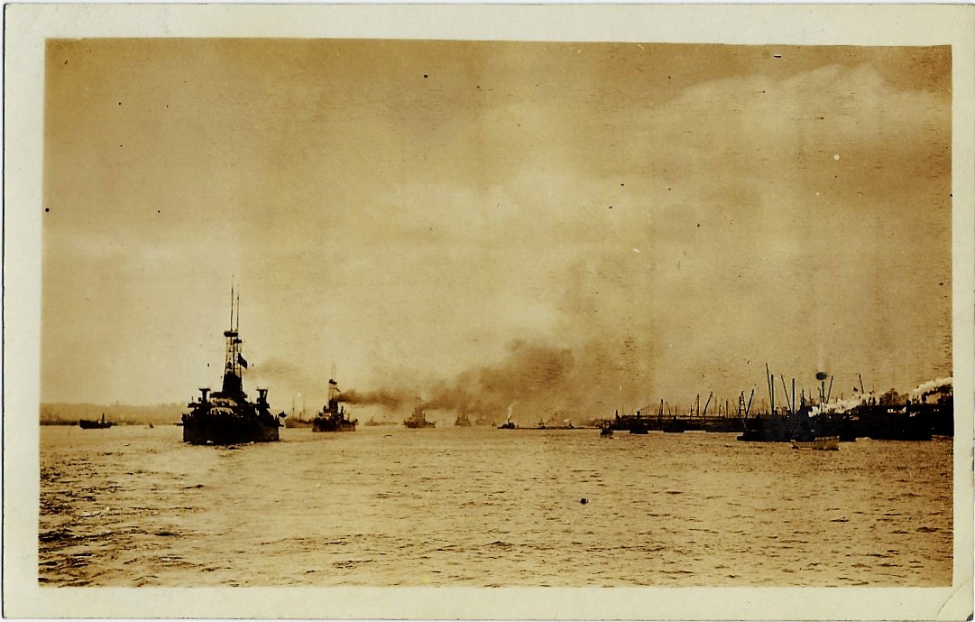 Early Naval Ships in Convoy Underway from Harbor RPPC